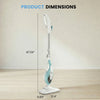 A white and light blue 10-in-1 handheld steam mop is shown standing upright with its dimensions marked.