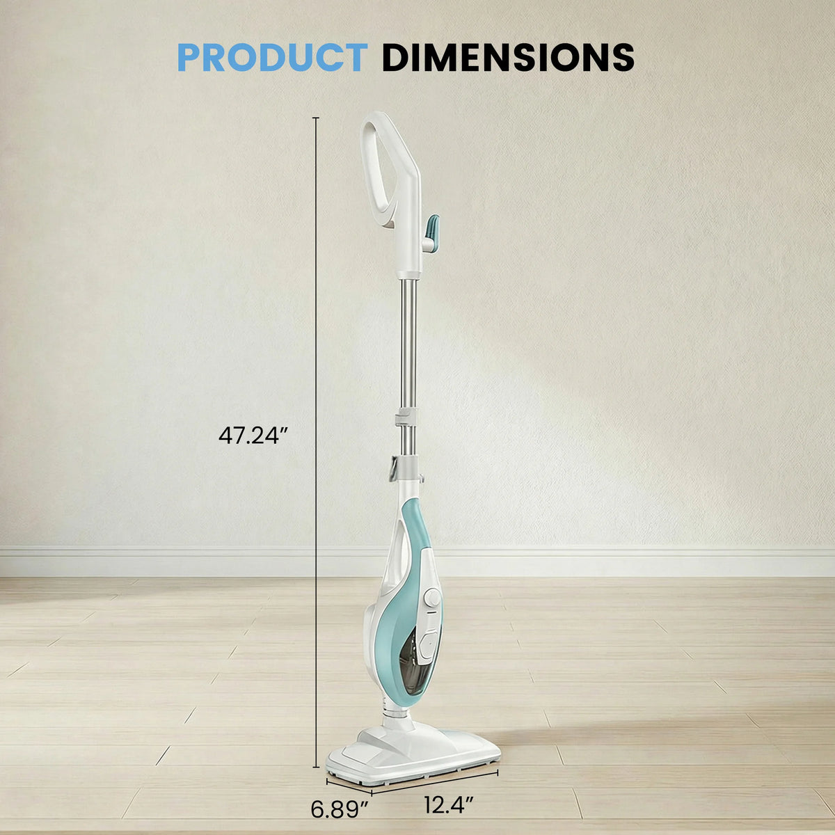 A white and light blue 10-in-1 handheld steam mop is shown standing upright with its dimensions marked.