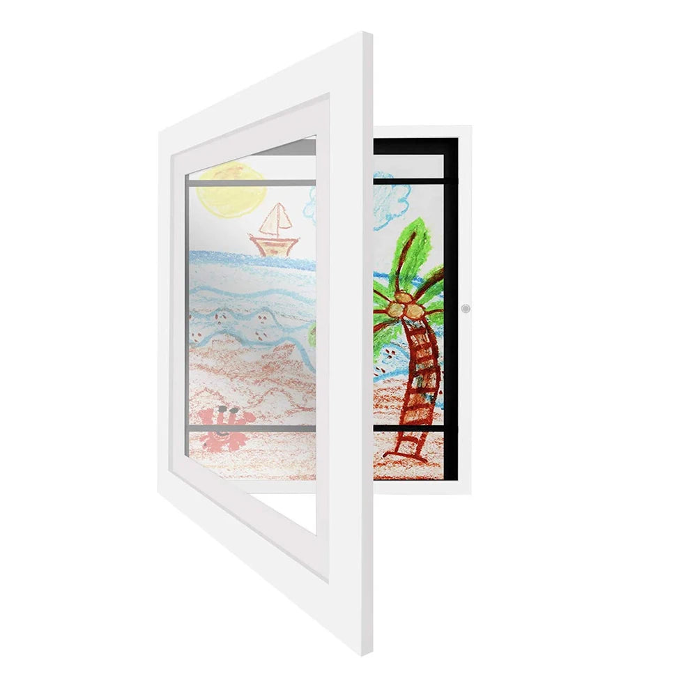 A white magnetic art frame displaying a colorful painting of a beach and palm tree.