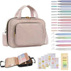 A light pink quilted Bible cover with a zipper and accompanying study accessories.