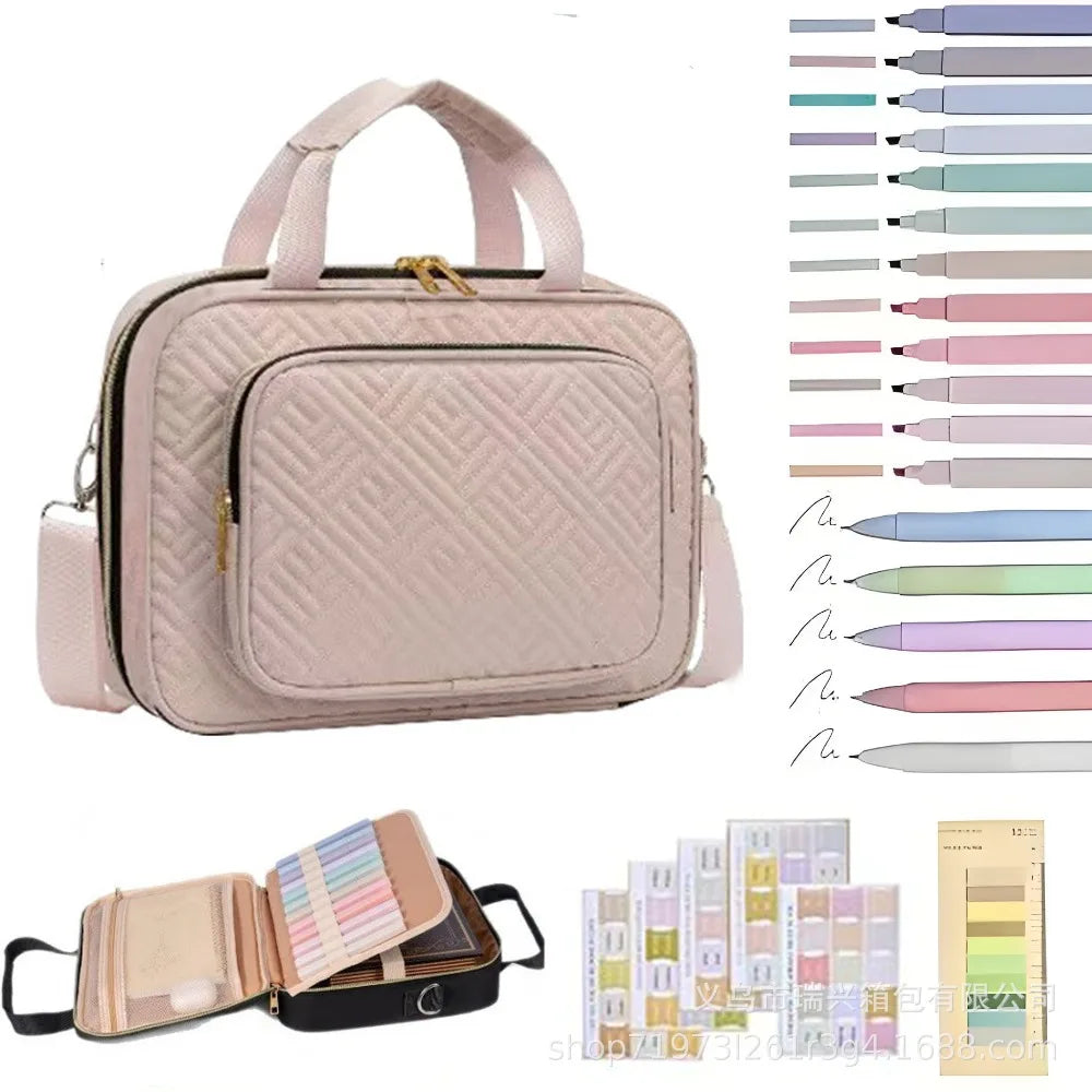 A light pink quilted Bible cover with a zipper and accompanying study accessories.