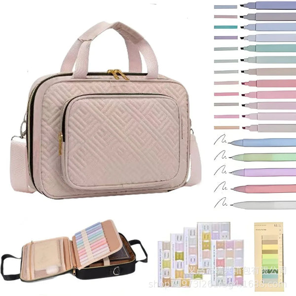 A light pink quilted Bible cover with a zipper and accompanying study accessories.