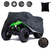 Black heavy-duty cover for an ATV, showing various weather symbols and a storage disc.
