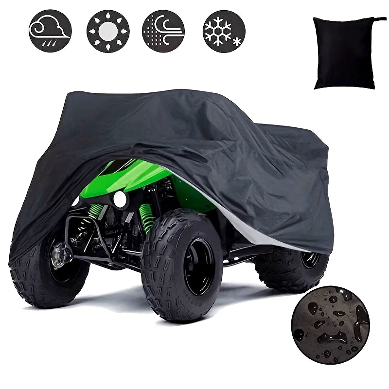 Black heavy-duty cover for an ATV, showing various weather symbols and a storage disc.