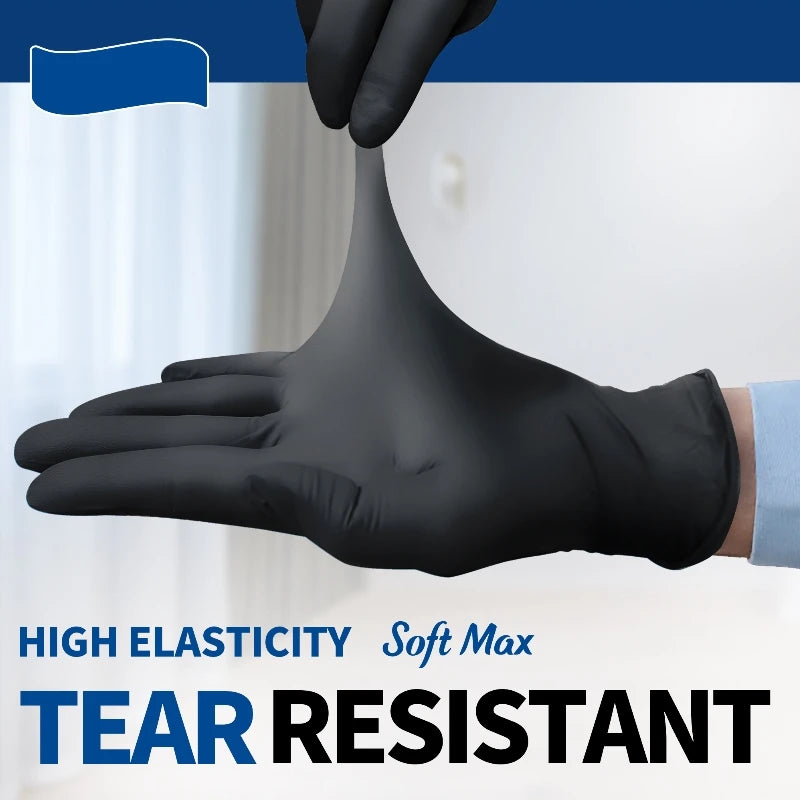 A hand wearing a black disposable nitrile work glove is shown against a white background with blue accents.