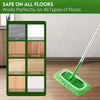 A green reusable microfiber mop cloth is shown cleaning a wooden floor, with various types of flooring listed for compatibili