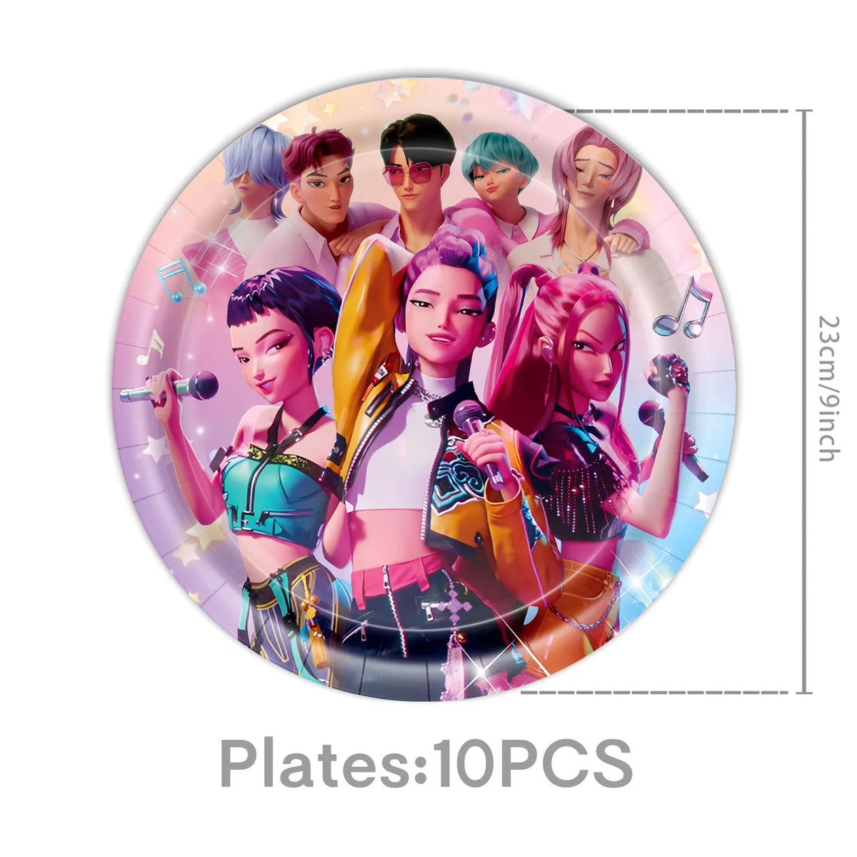 A set of 10 circular plates featuring K-Pop themed characters and idols.