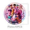 A set of 10 circular plates featuring K-pop themed characters and idols.