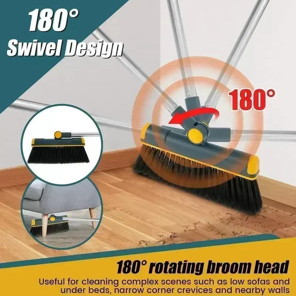 An 180 degree swivel broom head is shown cleaning a wooden floor, designed for complex areas like under beds and corners.