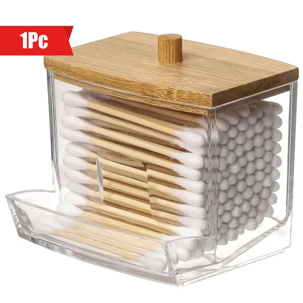 Clear storage box with a lid holding numerous cotton swabs and pads.