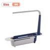 A blue adjustable over-sink dish rack organizer with a white tray and a curved handle.
