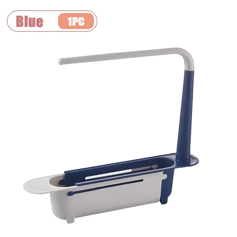 A blue adjustable over-sink dish rack organizer with a white tray and a curved handle.