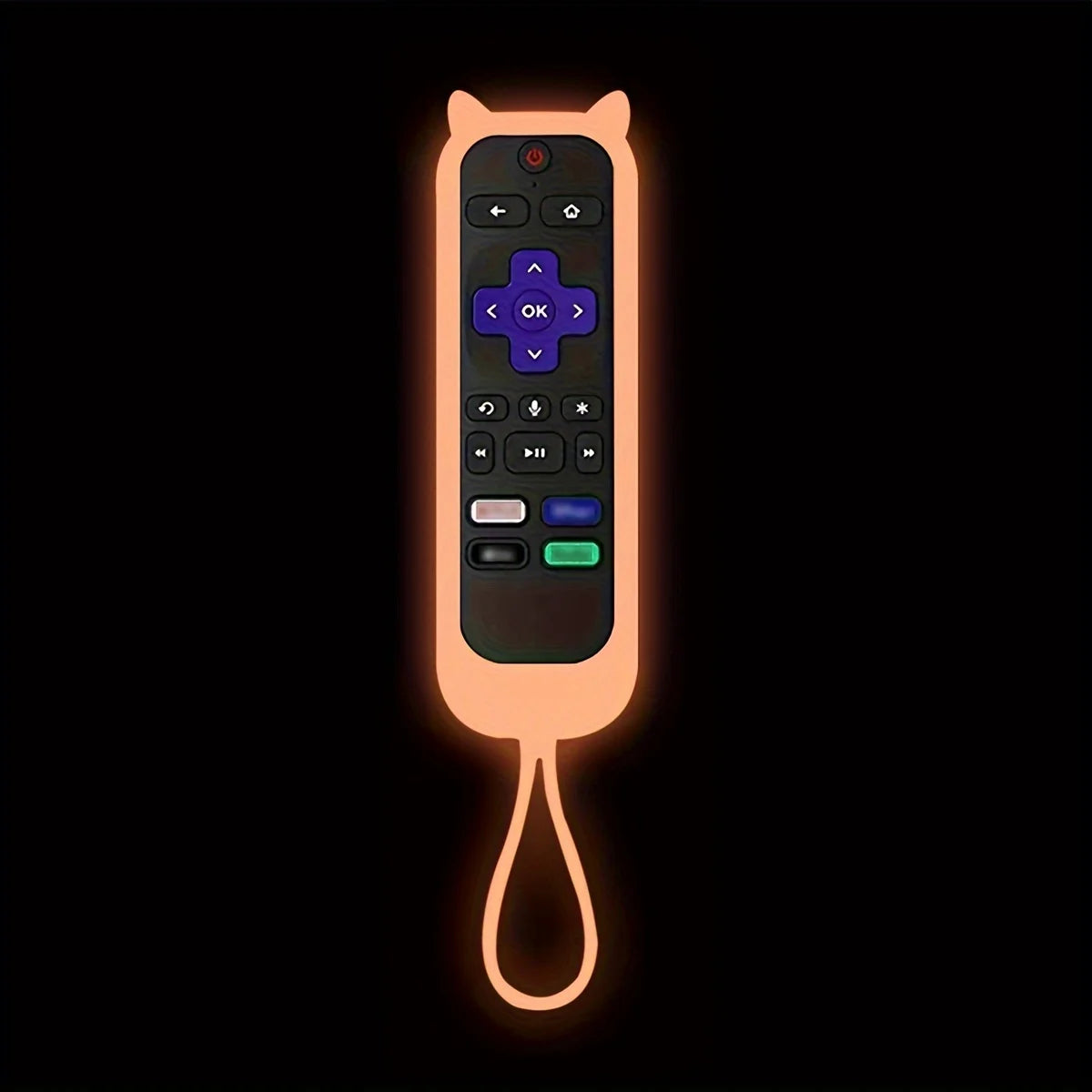 A glow-in-the-dark remote cover shaped like cat ears for a Roku TV remote control.