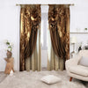 A pair of floor-length brown and gold Baroque print curtains hanging in a doorway.