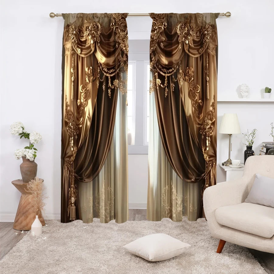 A pair of floor-length brown and gold Baroque print curtains hanging in a doorway.