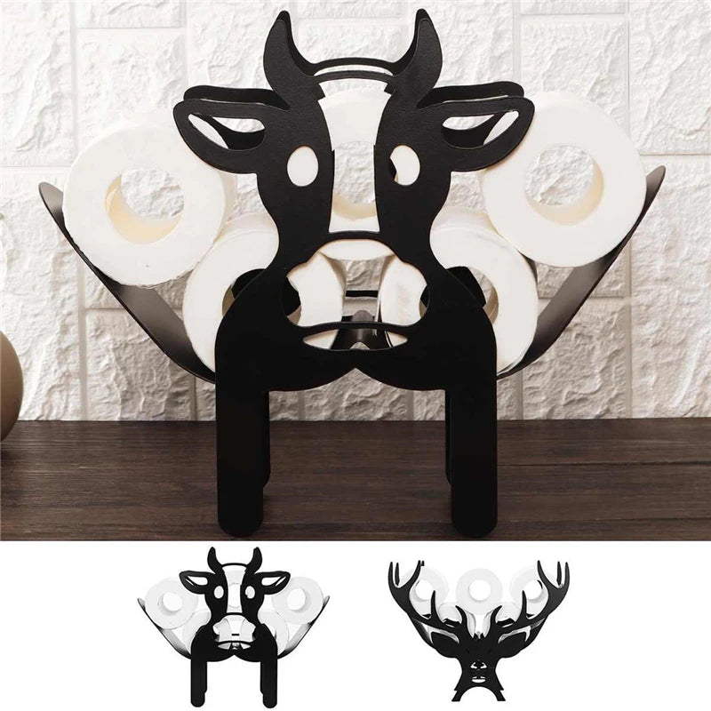 Black novelty animal toilet paper holder and storage rack with a cow head design