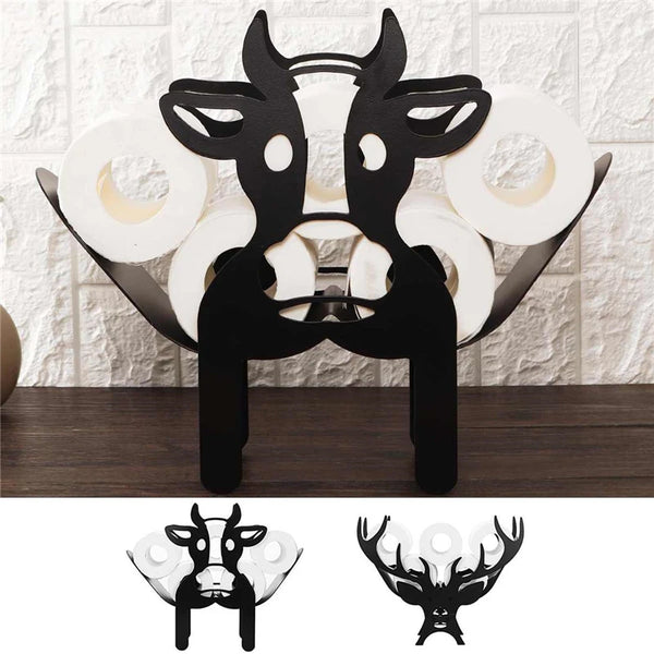 Black novelty animal toilet paper holder and storage rack with a cow head design