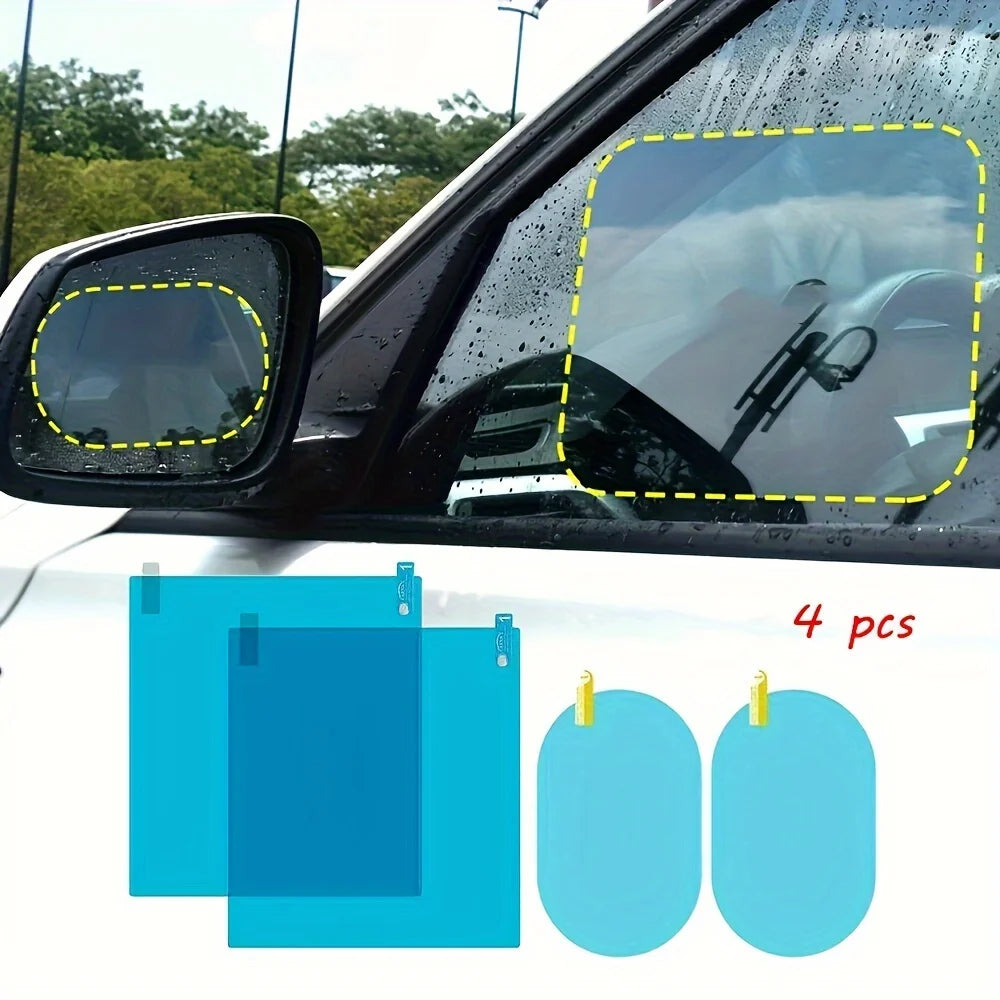 A set of four blue anti-fog and rainproof protective films for car mirrors is shown against a vehicle window.