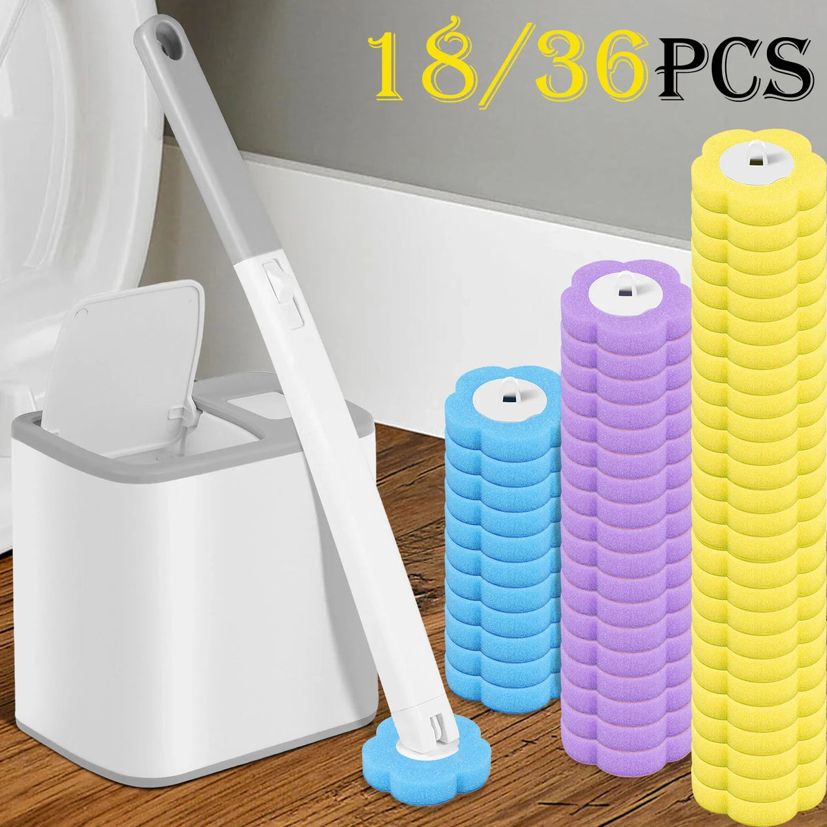 Disposable toilet brush set with long handle and multiple brushes in yellow and purple