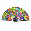 A hand fan with a vibrant, multicolored floral pattern featuring pink, orange, green, and purple hues.