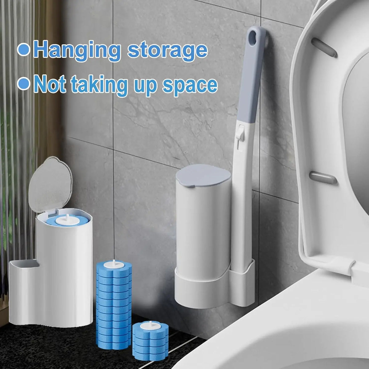 A set of disposable toilet brush and holder with a hanging design shown next to a toilet bowl.