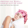 A woman is sleeping wearing a pink satin sleep bonnet, with text promoting good quality sleep and hair protection.