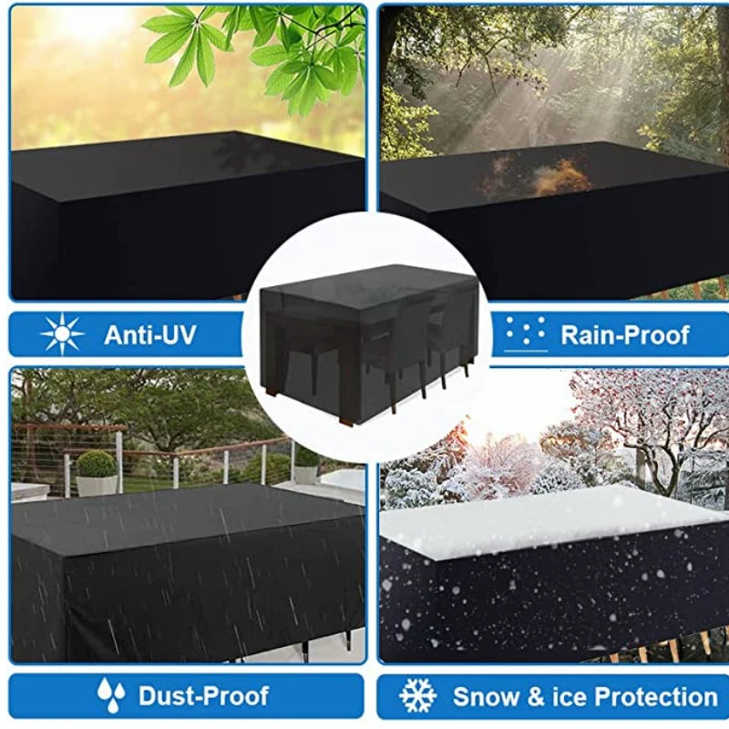 Housse de protection waterproof noire pour meubles de jardin, protégeant une table des UV, de la pluie, de la poussière et de