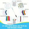 A collection of various metal and silicone straws shown alongside a 10-inch straw brush for cleaning.