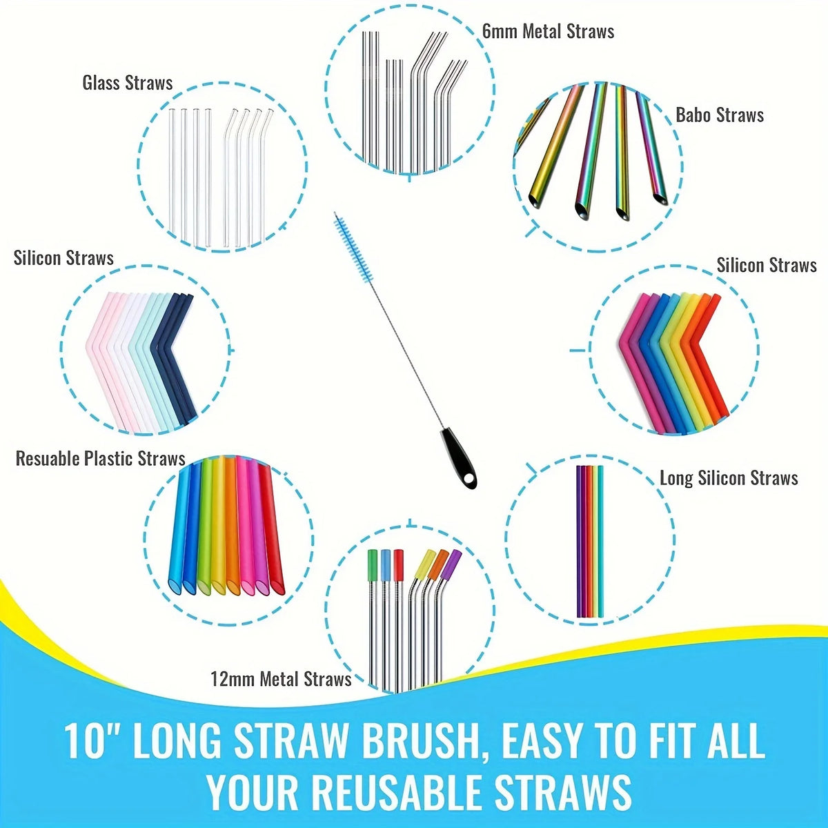 A collection of various metal and silicone straws shown alongside a 10-inch straw brush for cleaning.