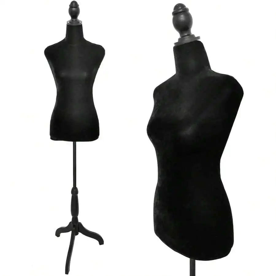 A black adjustable female dress form mannequin displayed against a white background.