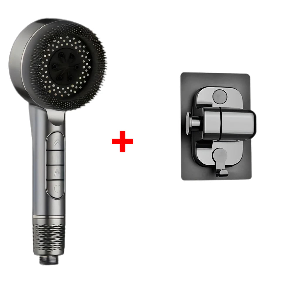 A silver shower head and a control unit are shown with a plus sign, illustrating the product components.