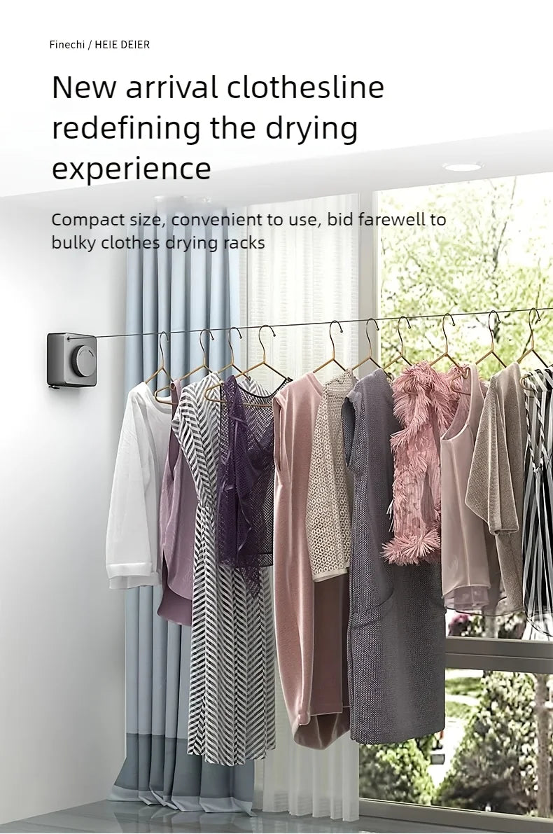 A new arrival clothesline featuring hangers and clothing displayed on a wire line indoors.