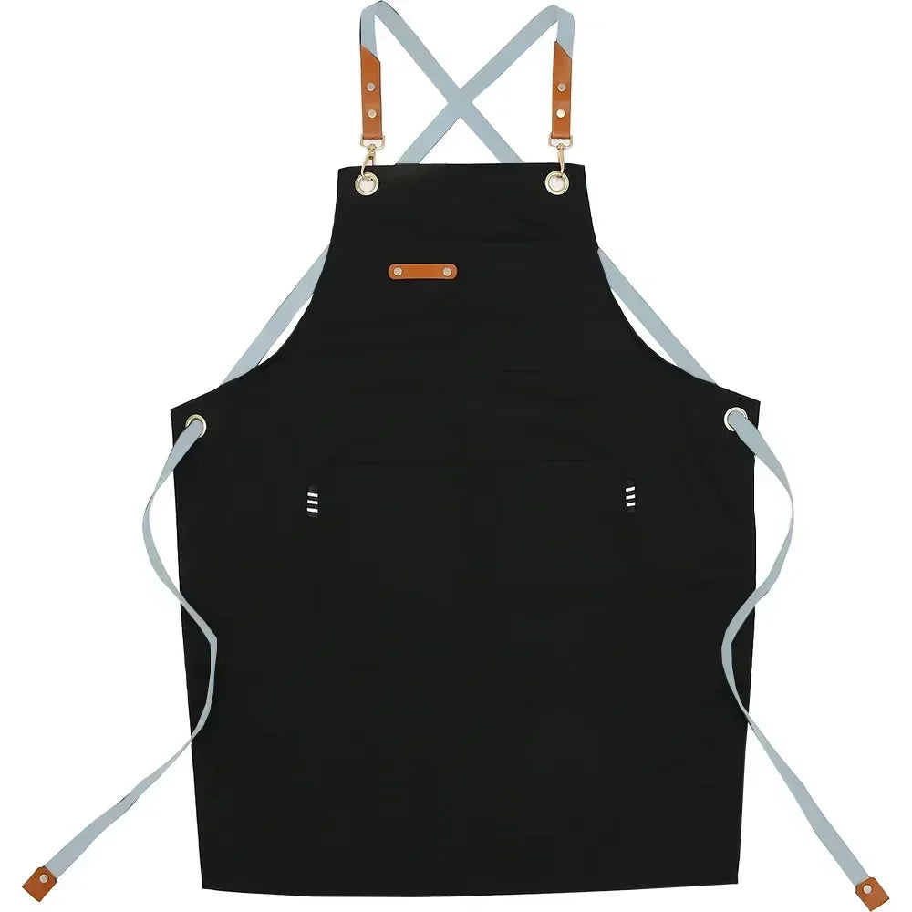 Black adjustable hairdressing apron with light blue ties and wooden accents