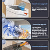 A three-step guide showing the features of a Joybos automatic sensor trash can, including a sensitive sensor, an innovative w
