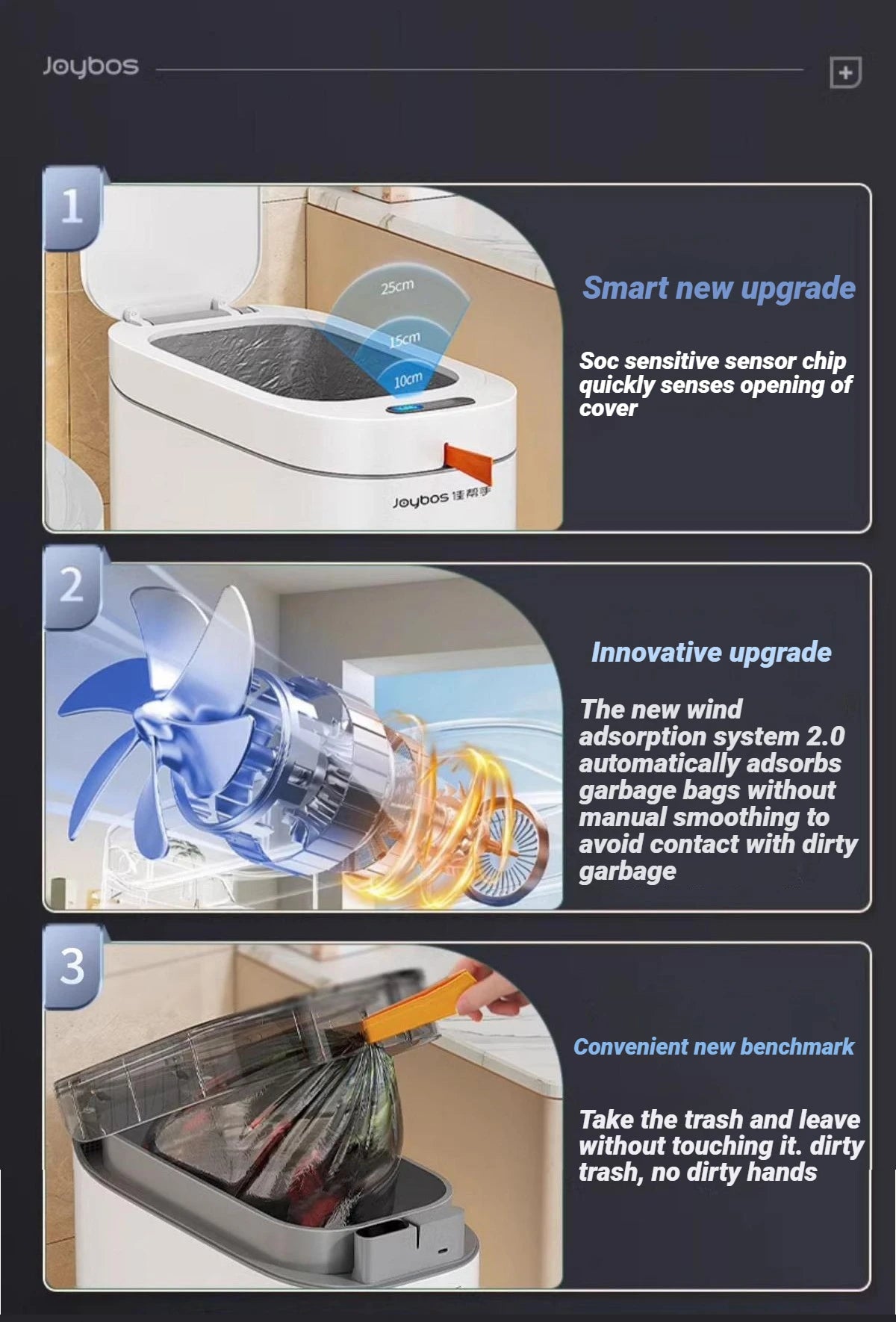 A three-step guide showing the features of a Joybos automatic sensor trash can, including a sensitive sensor, an innovative w