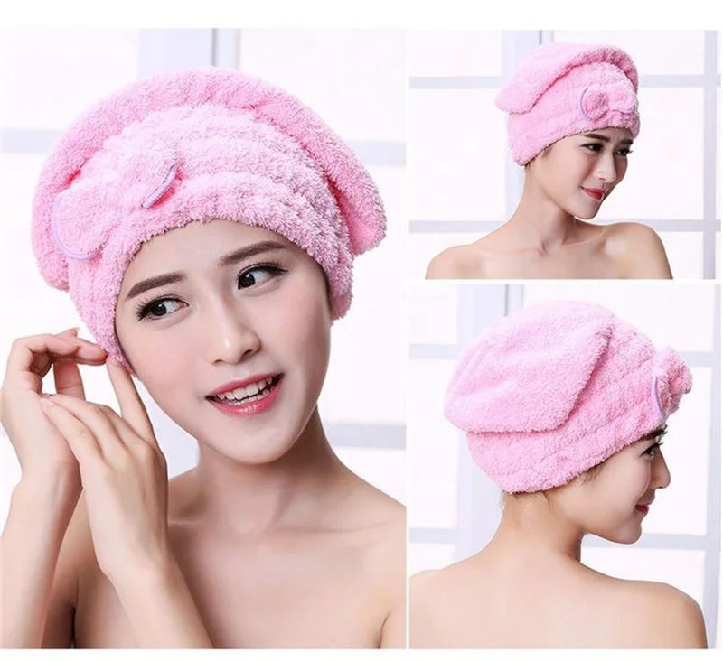 A woman models a pink microfiber hair drying towel cap, shown in close-up and full view.