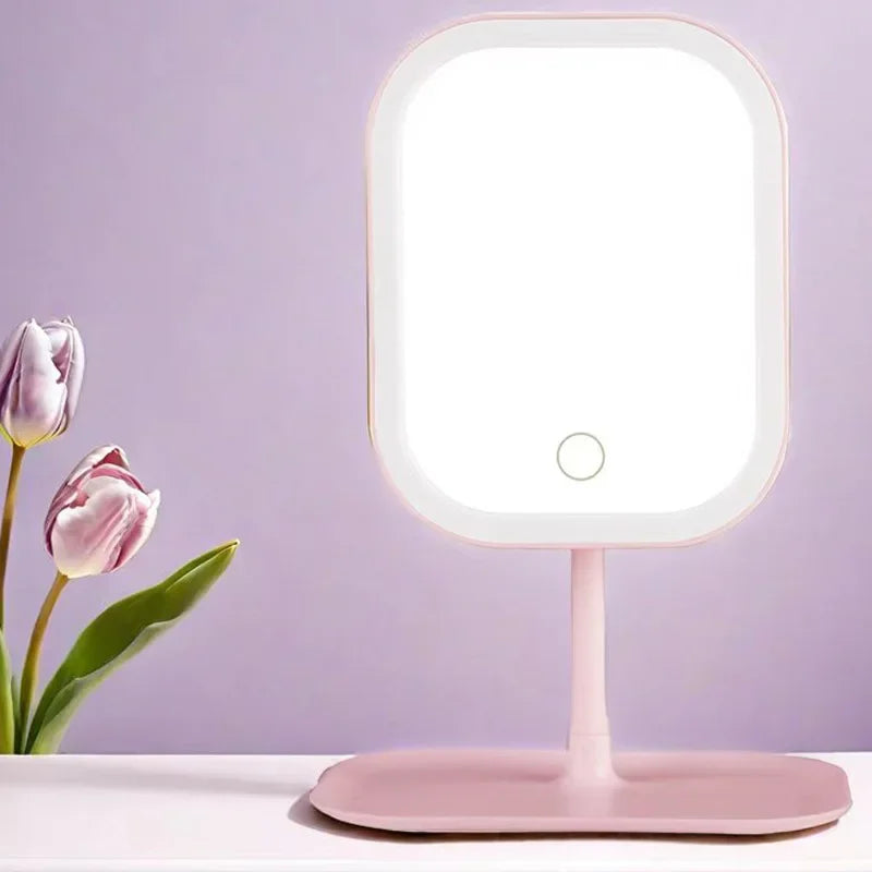 A pink LED desktop vanity mirror with adjustable lighting standing on a white surface.