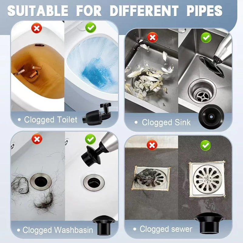 Heavy-duty stainless steel drain blaster kit used for unclogging toilets, sinks, and sewers.