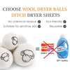 A set of six white wool dryer balls next to a bottle of blue fabric softener and a box of dryer sheets.