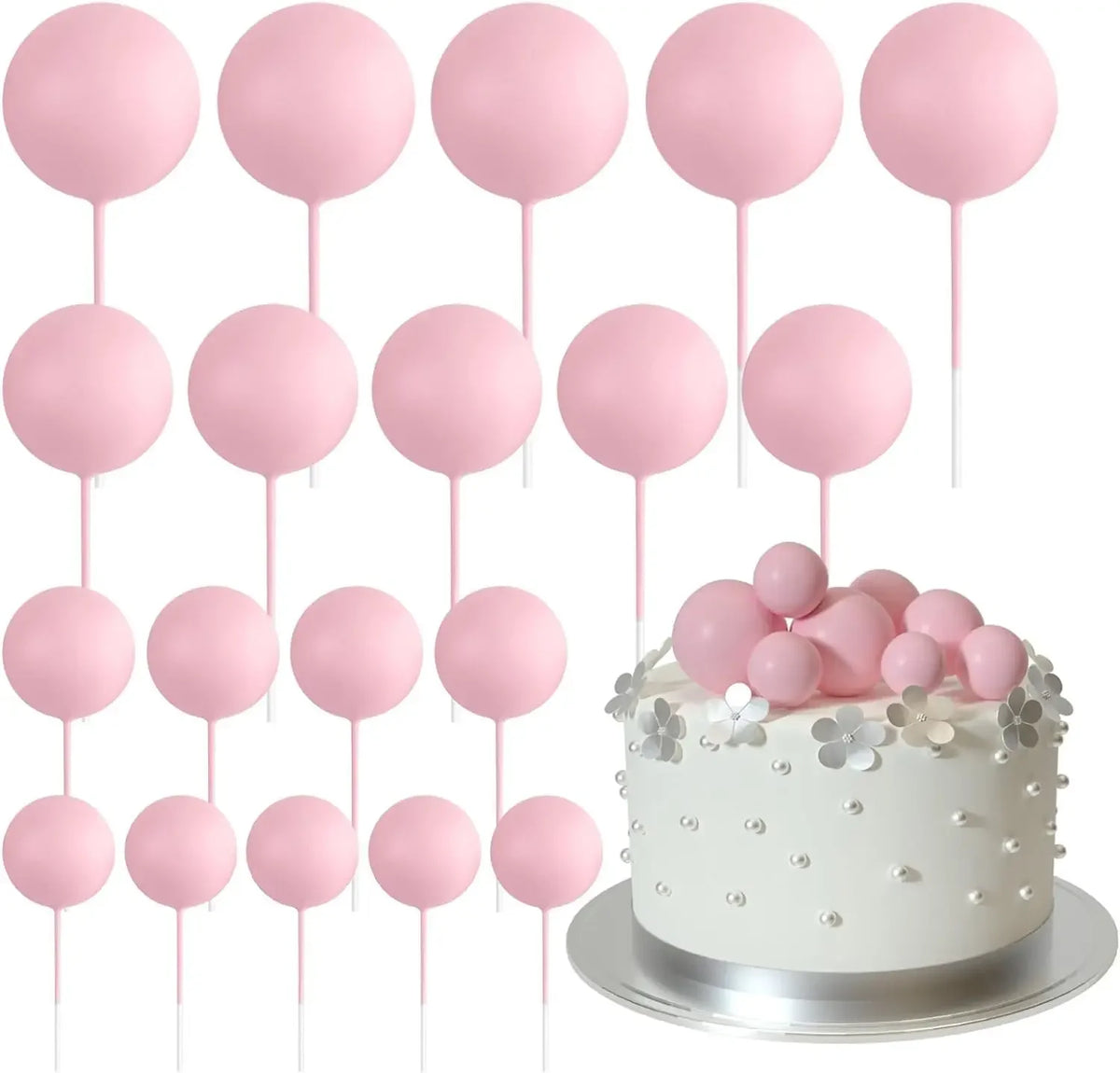 A collection of 20 pink ball cake toppers on pink sticks.