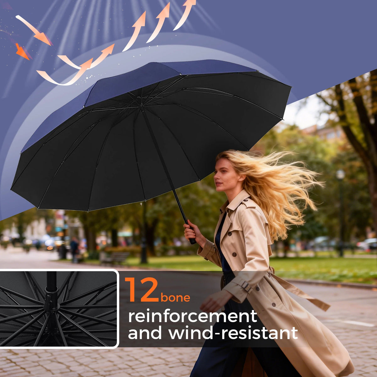 Eine Frau hält einen schwarzen, 12-beinigen, faltbaren Regenschirm gegen den Wind im Freien.
