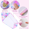 A set of pink and purple microfiber hair drying caps showing various features like a solid button, soft fabric, exquisite sid