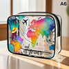 A clear cosmetic storage pouch featuring a colorful map design with continents and an airplane.