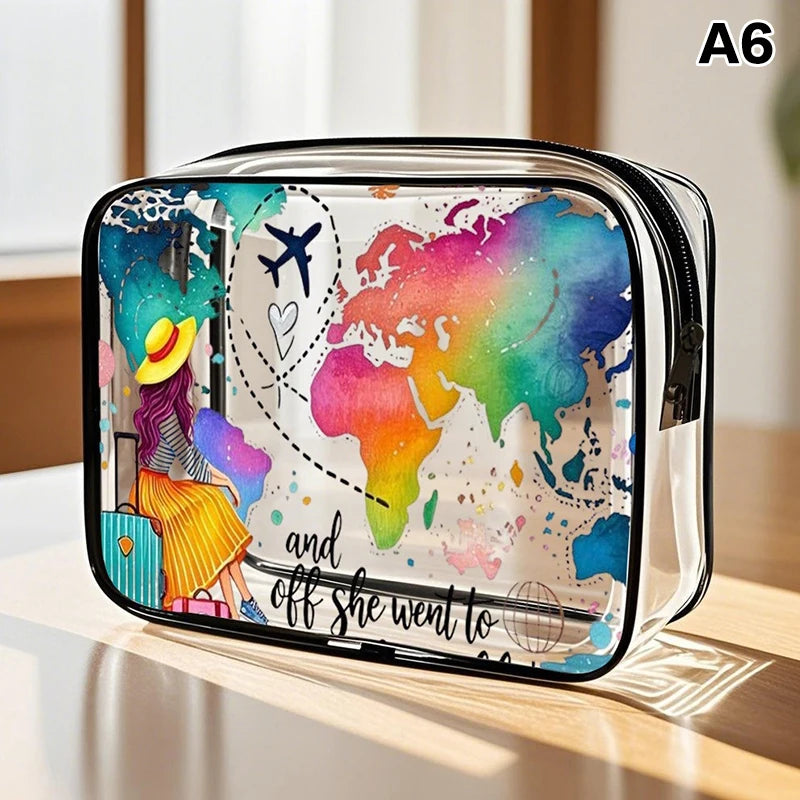 A clear cosmetic storage pouch featuring a colorful map design with continents and an airplane.