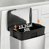A stainless steel pedal trash bin with a black lid and a measuring line indicating 13.2 gallons or 50 liters.
