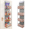 A tall, vertical over-the-door fabric storage organizer with multiple pockets for organizing small items.