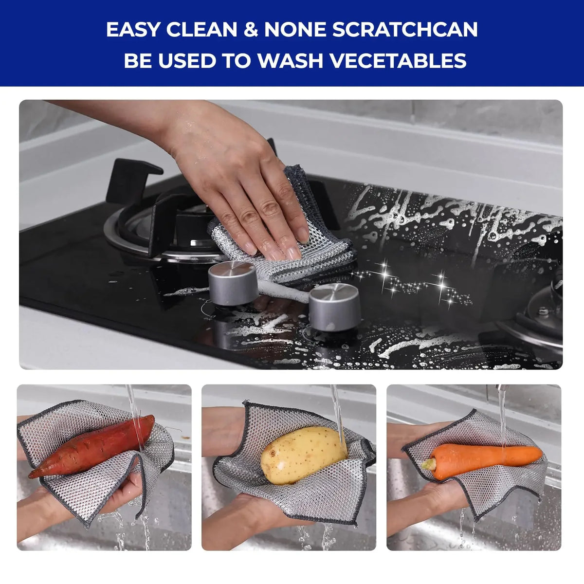 A set of multi-functional scratch-resistant cleaning cloths being used to wash vegetables under running water.