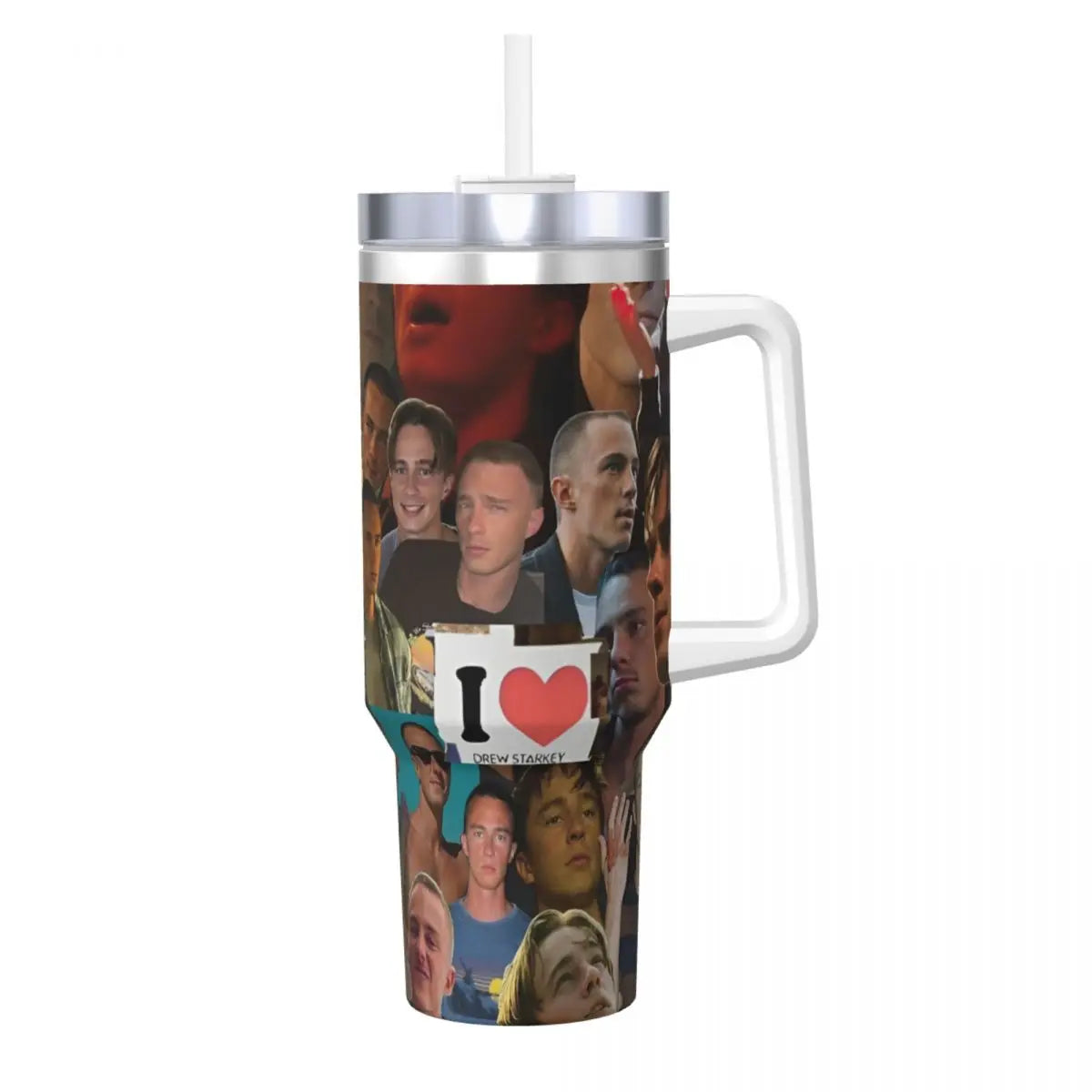 A stainless steel travel tumbler mug featuring a collage of faces from the Star Wars franchise.