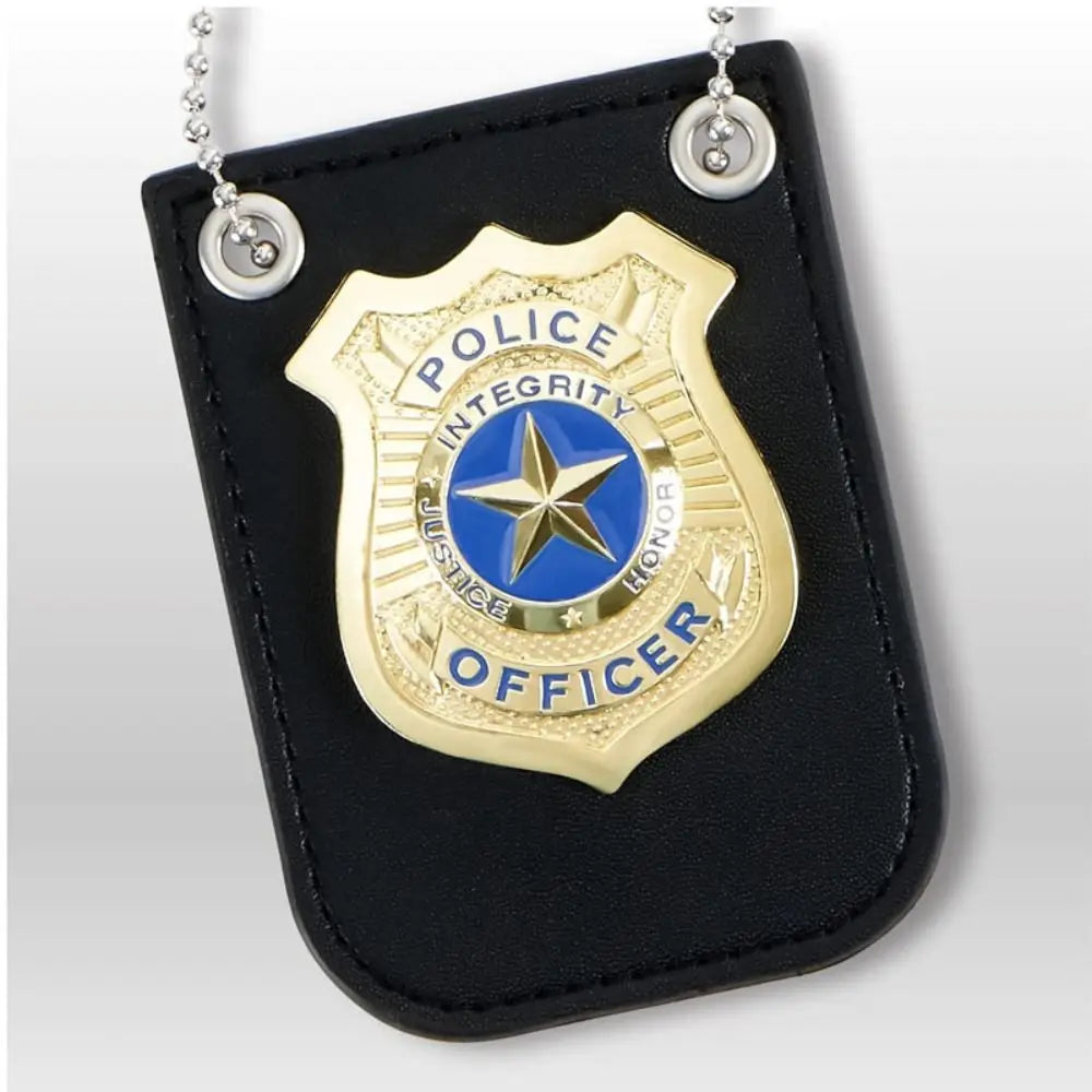 A black felt badge featuring a gold police officer seal with blue and white details and silver hanging charms.