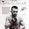A muscular male UFC fighter with a beard wearing black gloves and red shorts, depicted in a dramatic black and white style.